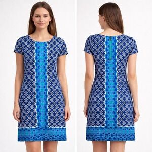 Hatley Women's Petite Small Knee Length Dress Blue Geometric Floral Short Sleeve